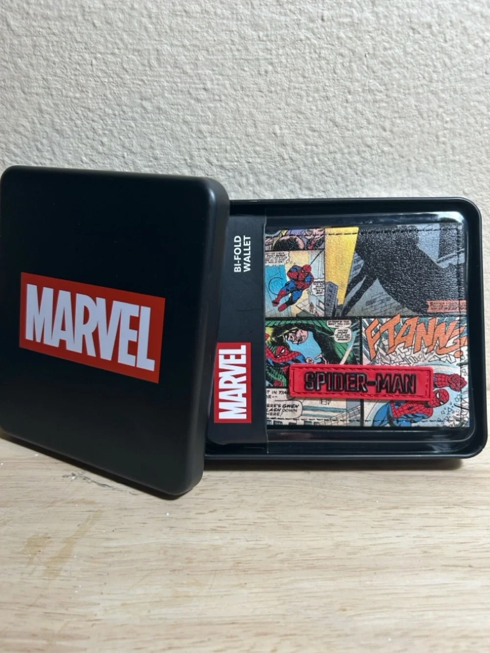Marvel Spider-Man Comic Patch Bifold Wallet in Red, Yellow, Blue, Black